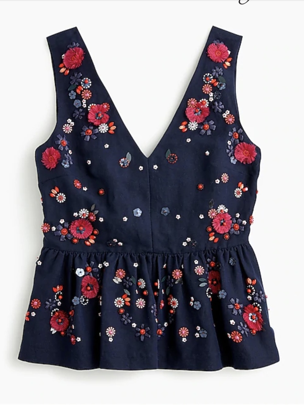 J. Crew Navy Embroidered Floral V-Neck Tank Top